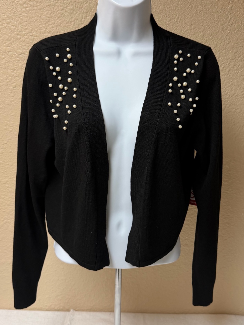 4/$20 89th & Madison Black Open-Front Cardigan with Pearl Accents